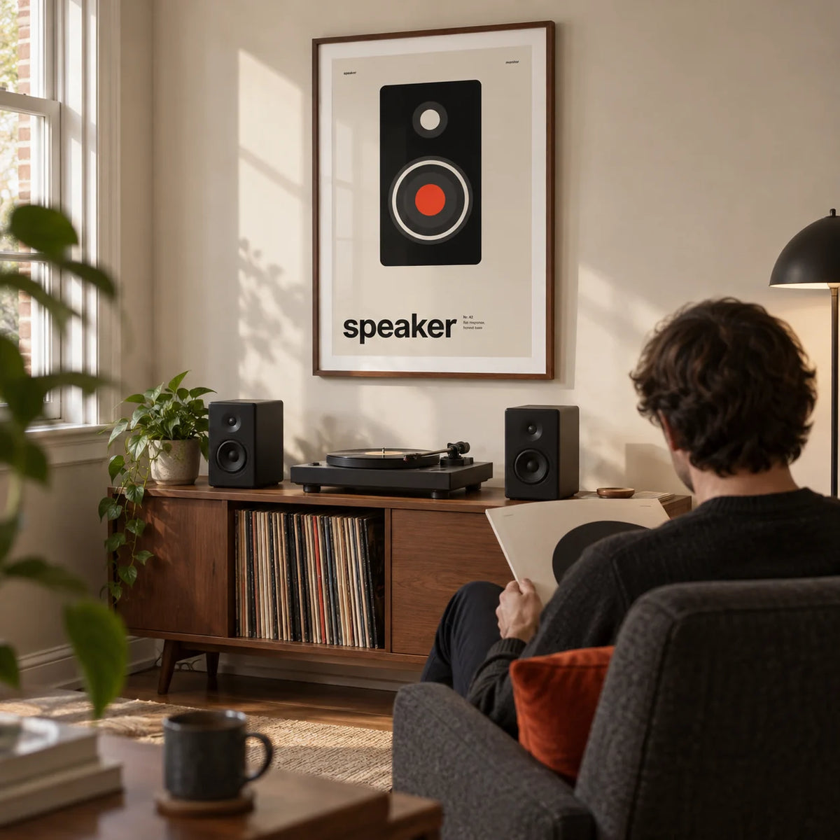 Hi Fi Poster, framed on the wall of a dedicated listening corner in a renovated UK terrace with a cream wall and a low walnut record cabinet in a living room