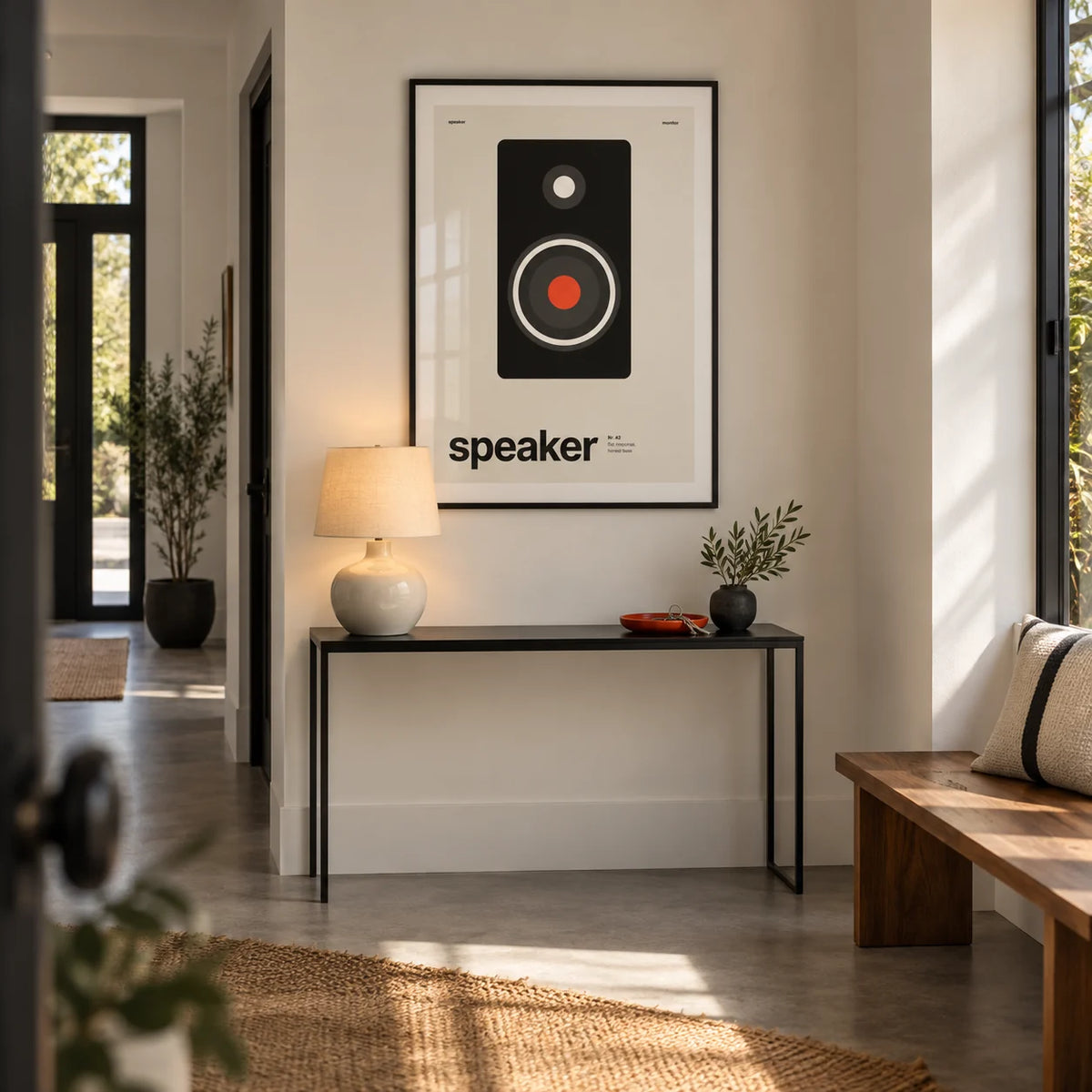 Hi Fi Poster, framed on the wall of a wide entrance hallway in a design-conscious UK home with warm white walls and a grey concrete floor