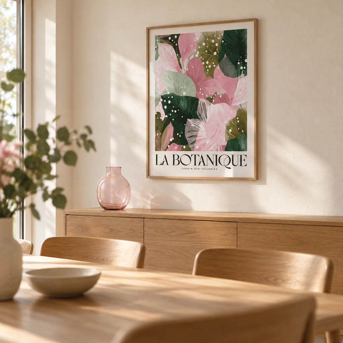 High Quality Art Prints, framed on the wall of a bright dining room with a cream plaster wall