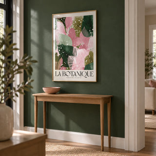 High Quality Art Prints, framed on the wall of a hallway with a forest green painted wall