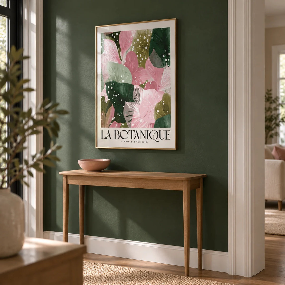 High Quality Art Prints, framed on the wall of a hallway with a forest green painted wall