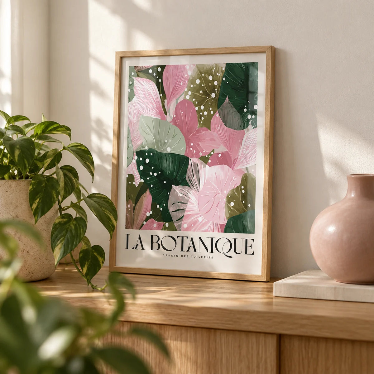 High Quality Art Prints, a small A4 framed print leaning on an oak shelf in a living room