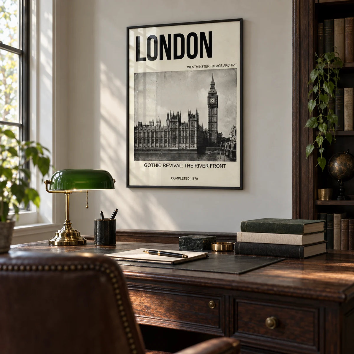 Historic London Poster, framed on the wall of a classic home study