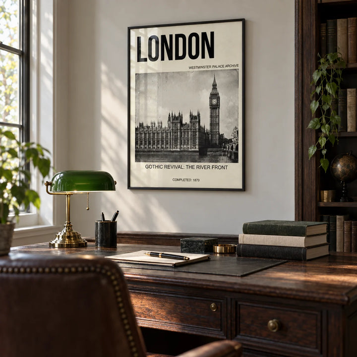 Historic London Poster, framed on the wall of a classic home study
