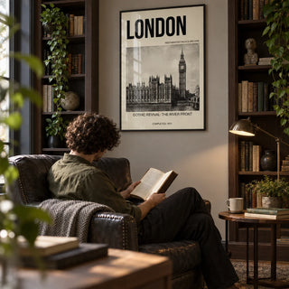 Historic London Poster, framed on the wall of a library corner in a living room
