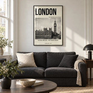 Historic London Poster, framed on the wall of a London city-flat living room with tall sash windows