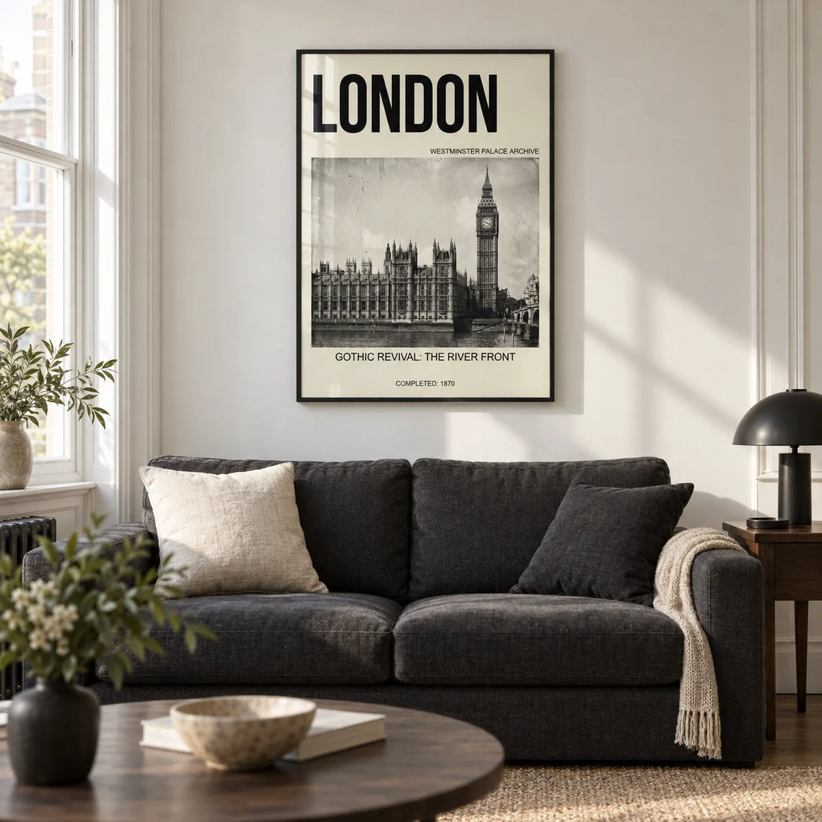Historic London Poster, framed on the wall of a London city-flat living room with tall sash windows