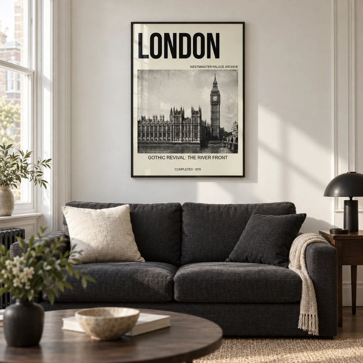 Historic London Poster, framed on the wall of a London city-flat living room with tall sash windows
