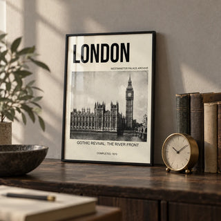 Historic London Poster, a small A4 framed print leaning on a dark wood shelf in a home office