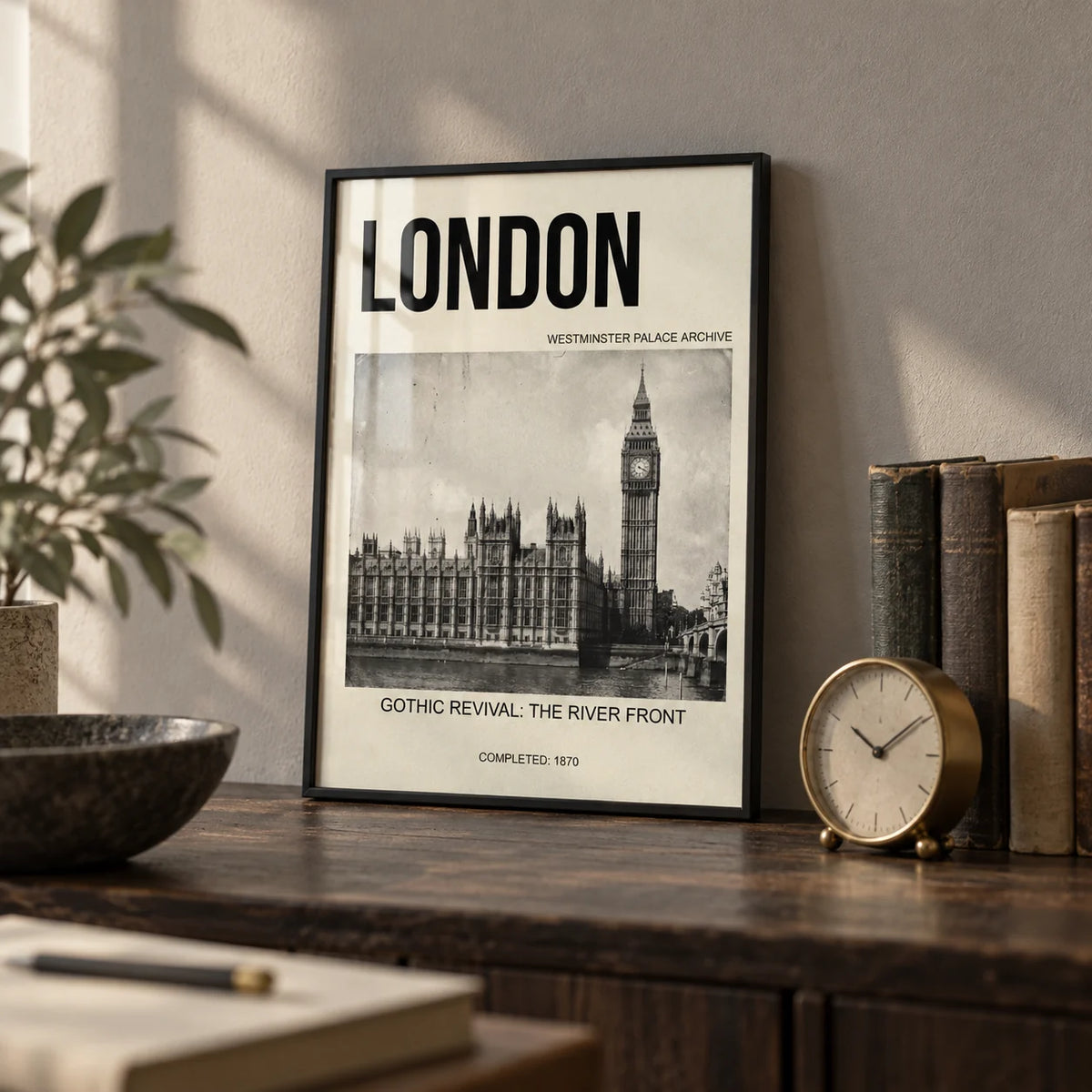 Historic London Poster, a small A4 framed print leaning on a dark wood shelf in a home office