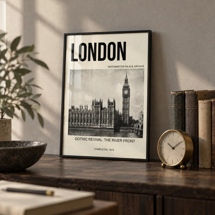 Historic London Poster, a small A4 framed print leaning on a dark wood shelf in a home office