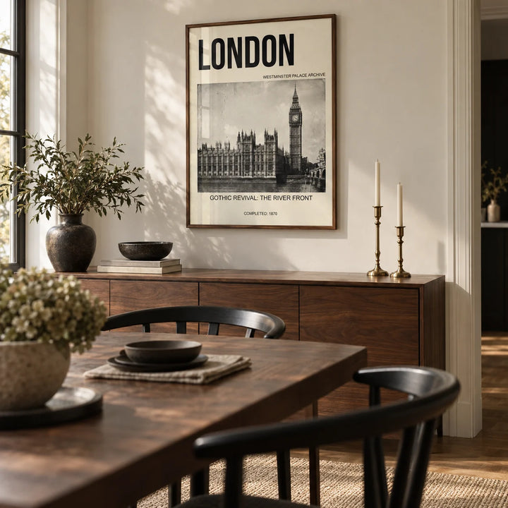 Historic London Poster, framed on the wall of a townhouse dining room