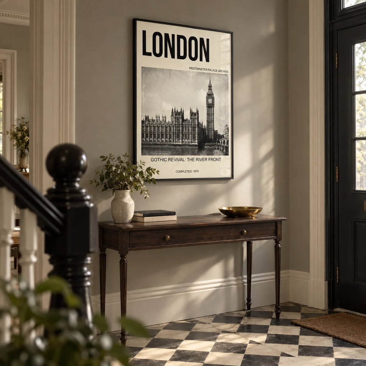 Historic London Poster, framed on the wall of a Victorian terrace hallway with a warm grey wall