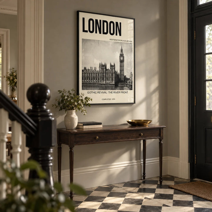 Historic London Poster, framed on the wall of a Victorian terrace hallway with a warm grey wall