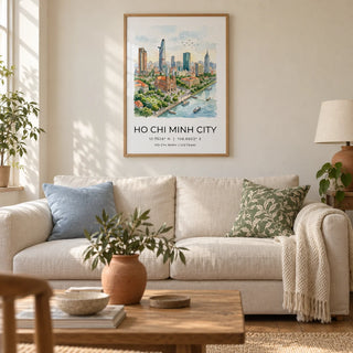 Ho Chi Minh City Wall Art, framed on the wall of a calm living room in a UK terraced house with warm ivory plaster walls and oak floorboards