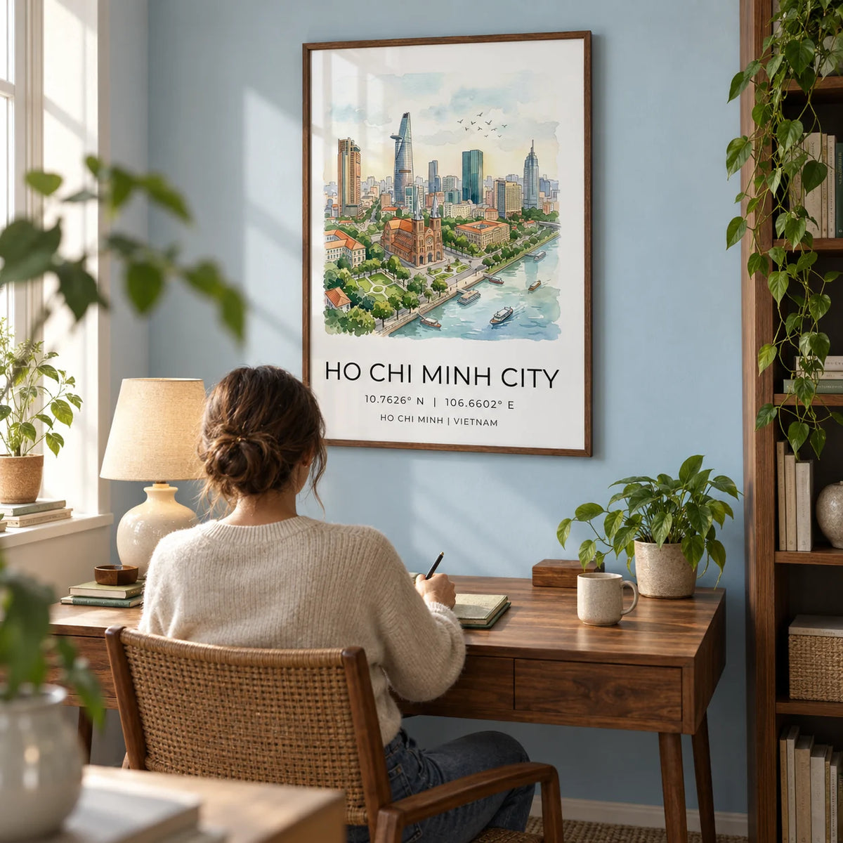 Ho Chi Minh City Wall Art, framed on the wall of a quiet home study in a UK flat with a pale blue wall and warm wood furniture