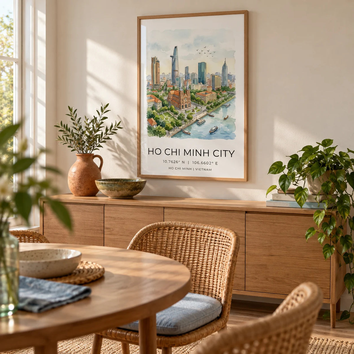 Ho Chi Minh City Wall Art, framed on the wall of a relaxed dining room in a travel-loving couple's UK home with cream walls and an oak floor