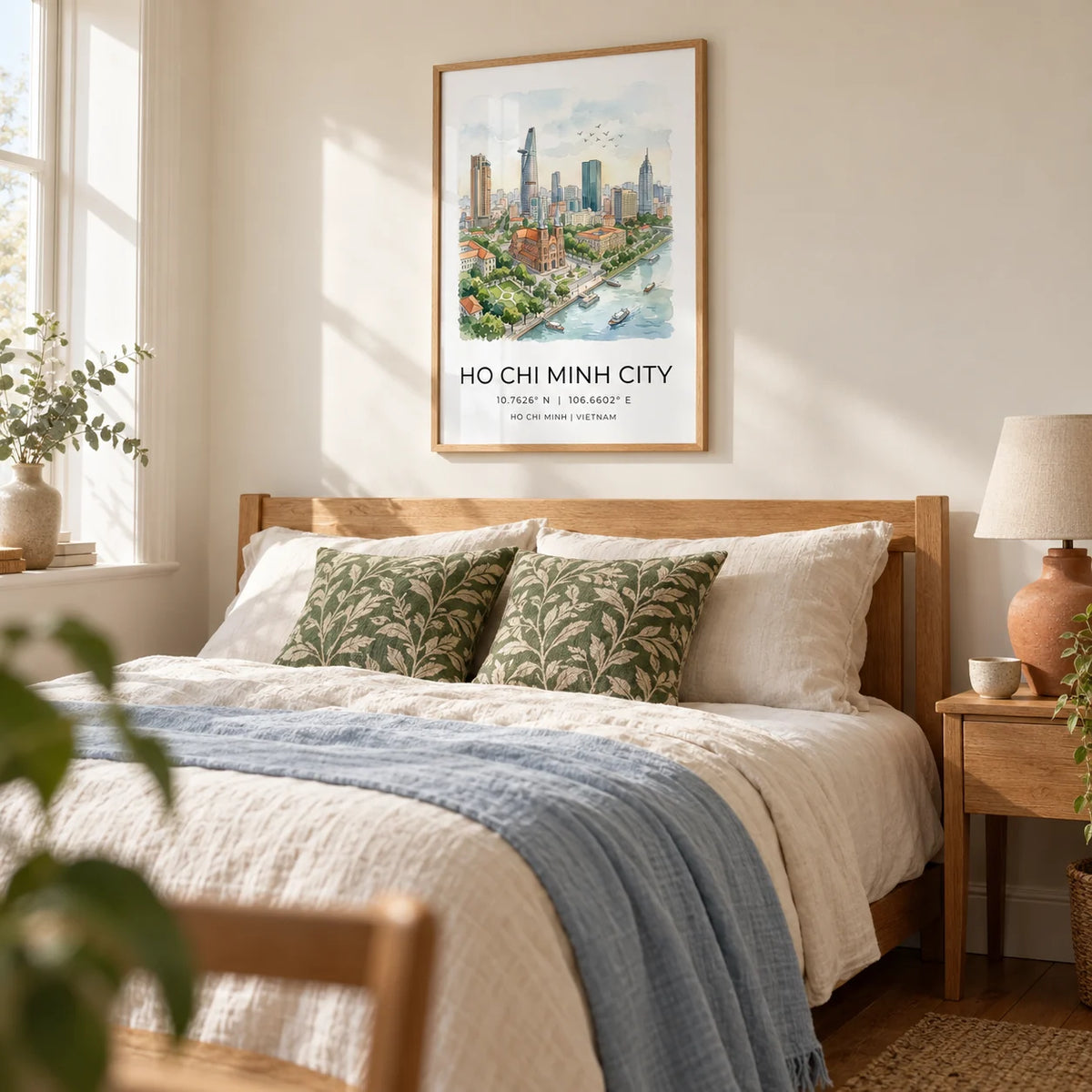 Ho Chi Minh City Wall Art, framed on the wall of a restful bedroom in a UK couple's home with warm white walls and oak floorboards
