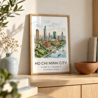 Ho Chi Minh City Wall Art, a small A4 framed print leaning on a pale oak shelf in a living room