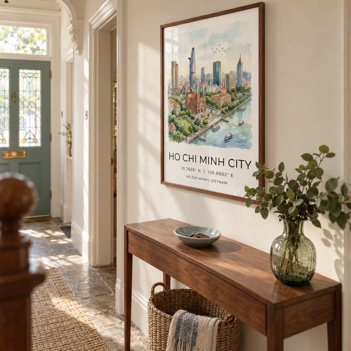 Ho Chi Minh City Wall Art, framed on the wall of a welcoming narrow hallway in a Victorian terrace with warm white walls and a plain stone floor