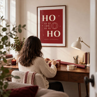 Ho Ho Ho Print, framed on the wall of a compact home study in a design-led UK flat with a warm white wall