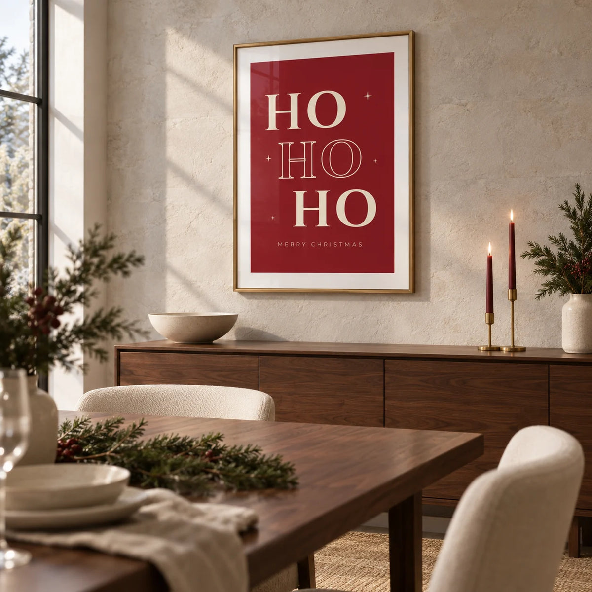 Ho Ho Ho Print, framed on the wall of a contemporary Christmas dining room with a pale stone wall and a walnut dining table