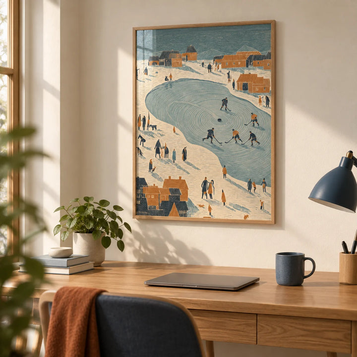 Hockey Winter Art Print, framed on the wall of a calm home office with a cream wall