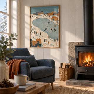 Hockey Winter Art Print, framed on the wall of a cosy Scandinavian cabin living room with white painted timber walls