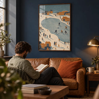 Hockey Winter Art Print, framed on the wall of a modern man cave with a navy painted wall in a living room