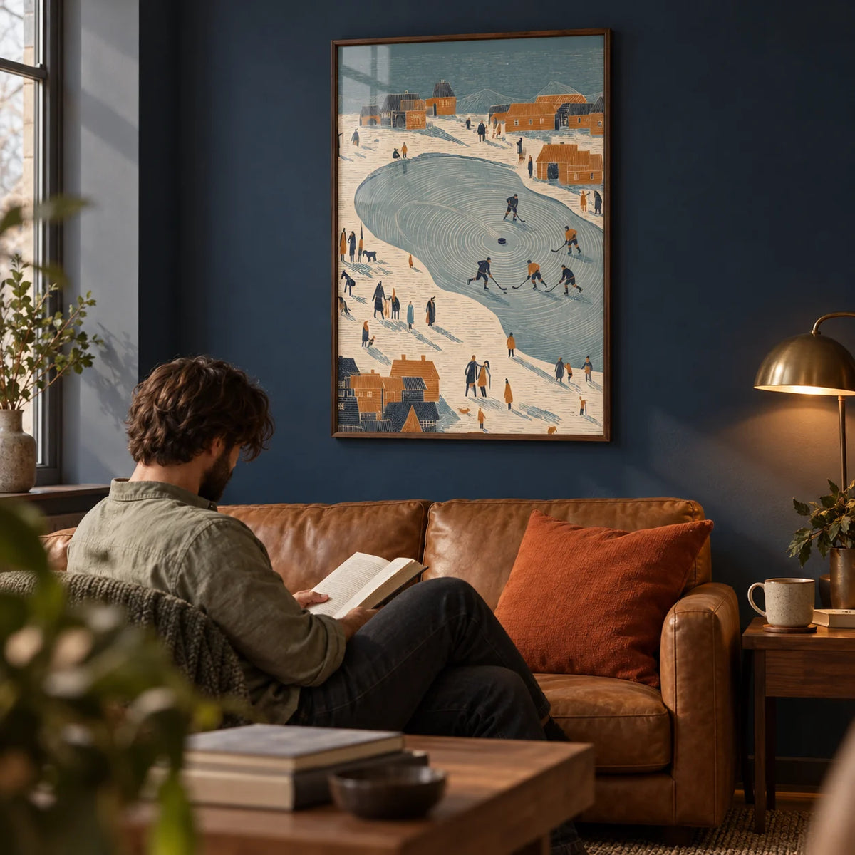 Hockey Winter Art Print, framed on the wall of a modern man cave with a navy painted wall in a living room