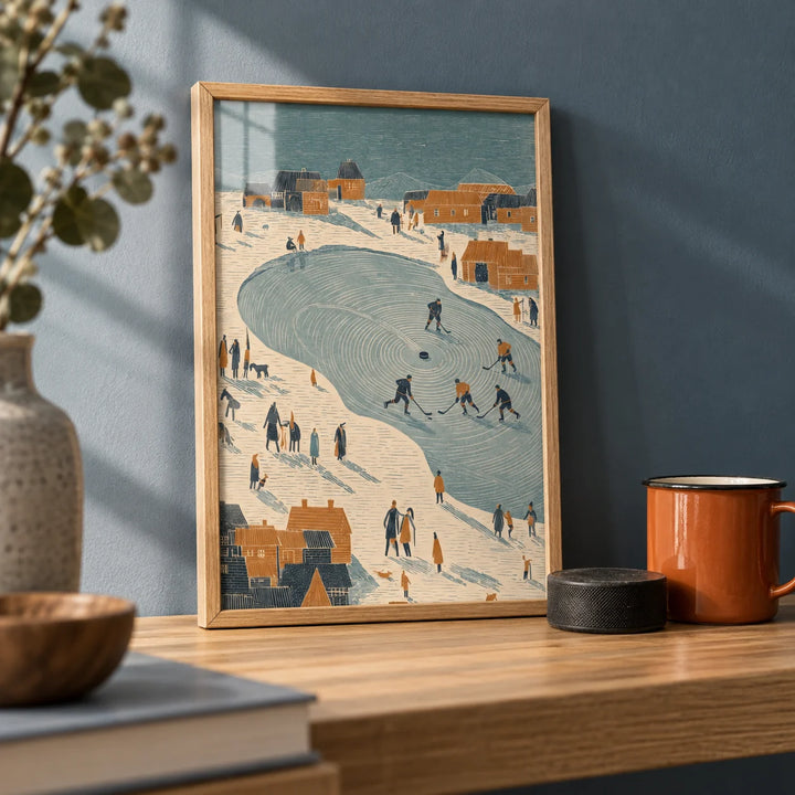 Hockey Winter Art Print, a small A4 framed print leaning on an oak shelf in a living room