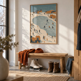 Hockey Winter Art Print, framed on the wall of a winter boot room with a white wall in a hallway