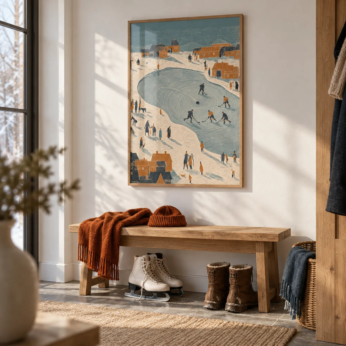 Hockey Winter Art Print, framed on the wall of a winter boot room with a white wall in a hallway