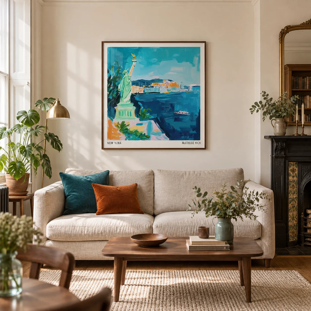 Holiday Posters, framed on the wall of a characterful living room in a Victorian terrace with warm white walls