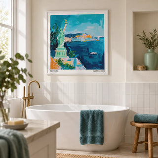 Holiday Posters, framed on the wall of a light bathroom in a renovated UK terrace with a warm white painted wall above plain white tiles and a pale stone floor