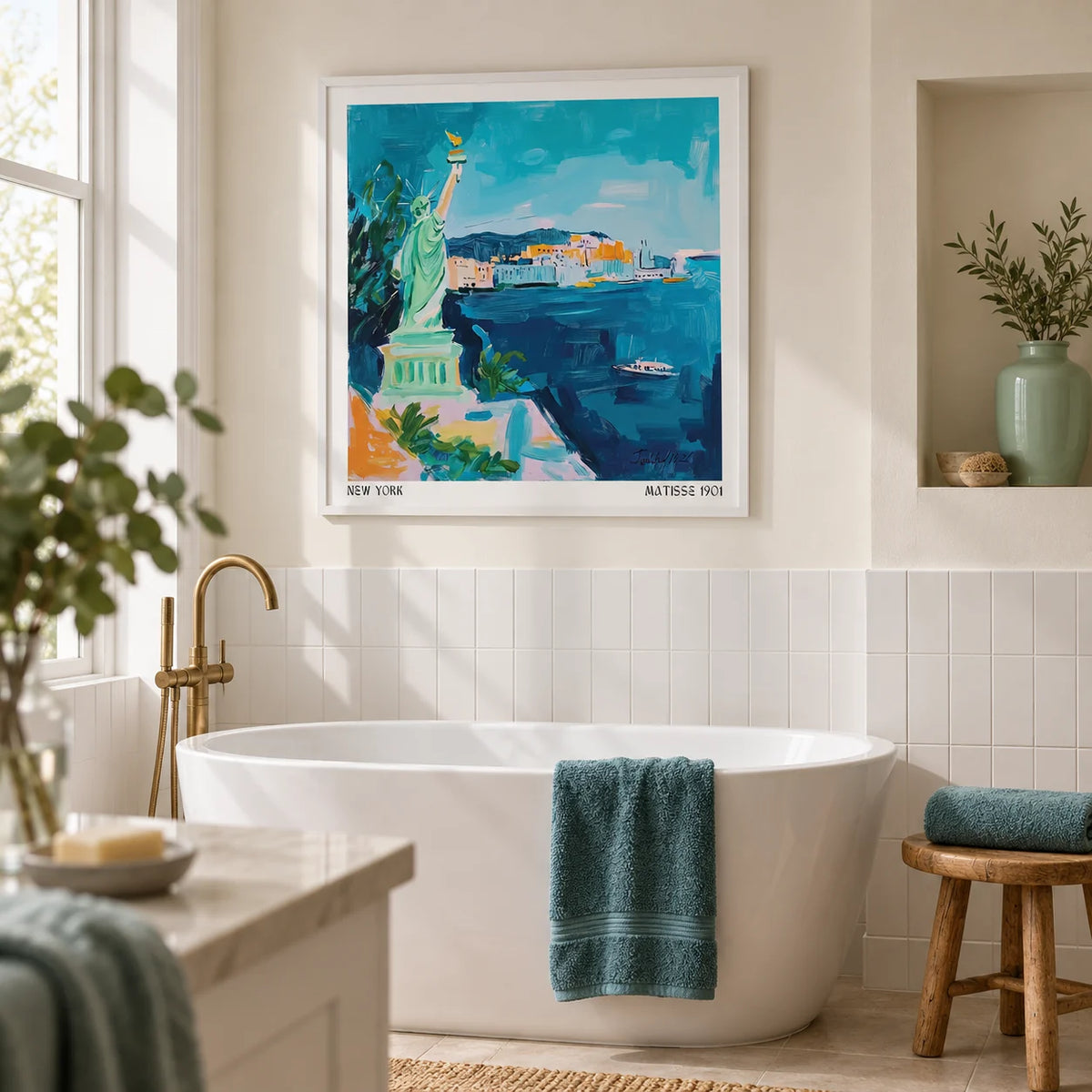 Holiday Posters, framed on the wall of a light bathroom in a renovated UK terrace with a warm white painted wall above plain white tiles and a pale stone floor