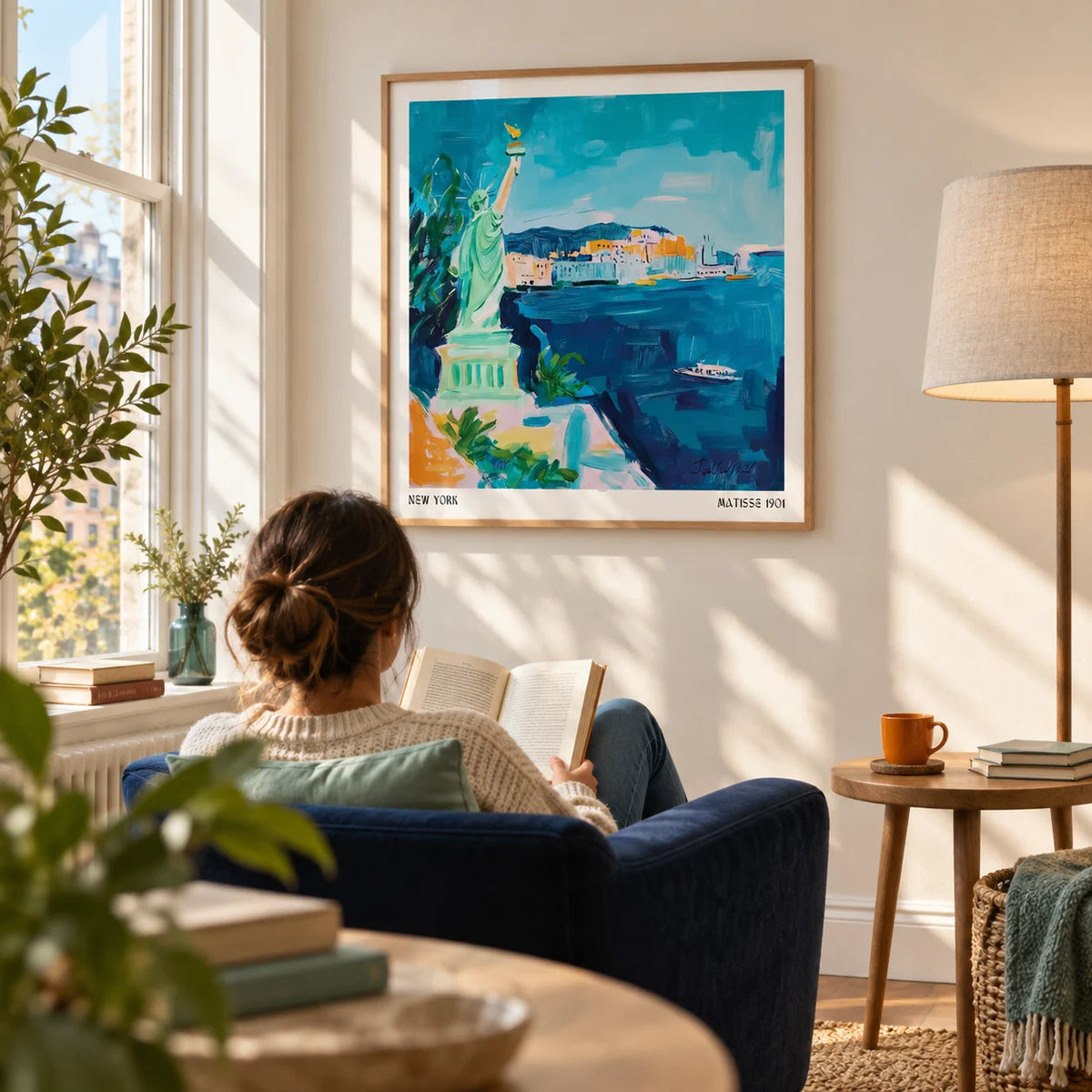 Holiday Posters, framed on the wall of a relaxed reading corner in a travel lover's flat with a warm white wall and tall sash window in a living room