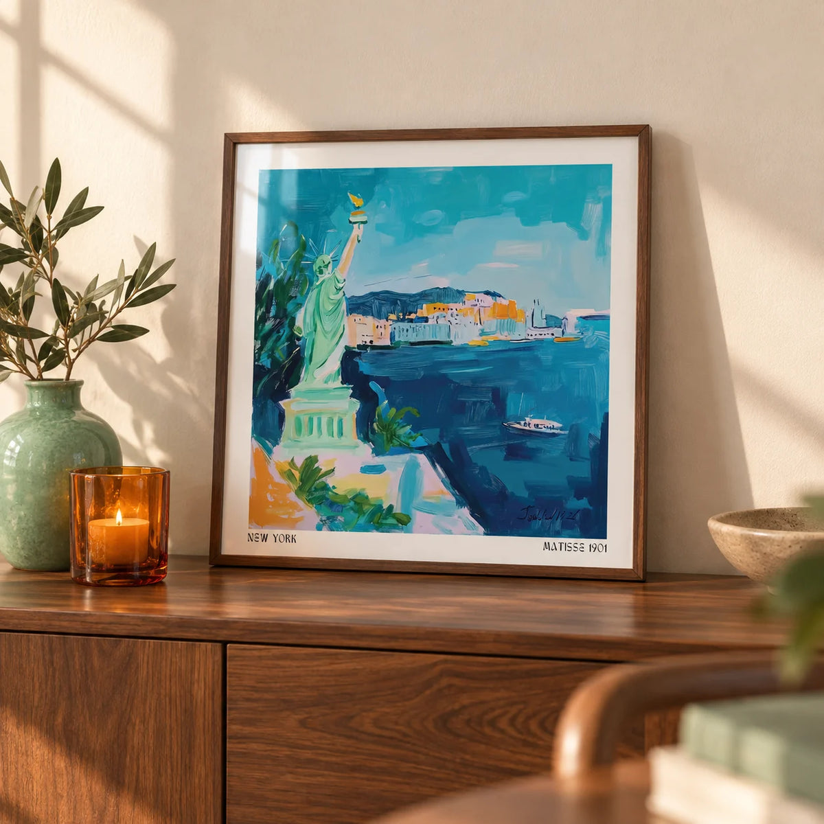 Holiday Posters, a small A4 framed print leaning on a walnut sideboard in a living room