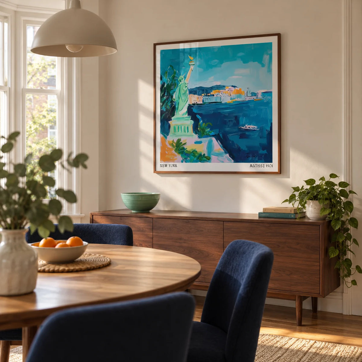 Holiday Posters, framed on the wall of a welcoming dining room in a renovated terraced house with warm ivory plaster walls and a bay window