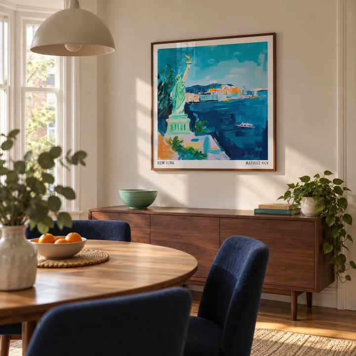 Holiday Posters, framed on the wall of a welcoming dining room in a renovated terraced house with warm ivory plaster walls and a bay window