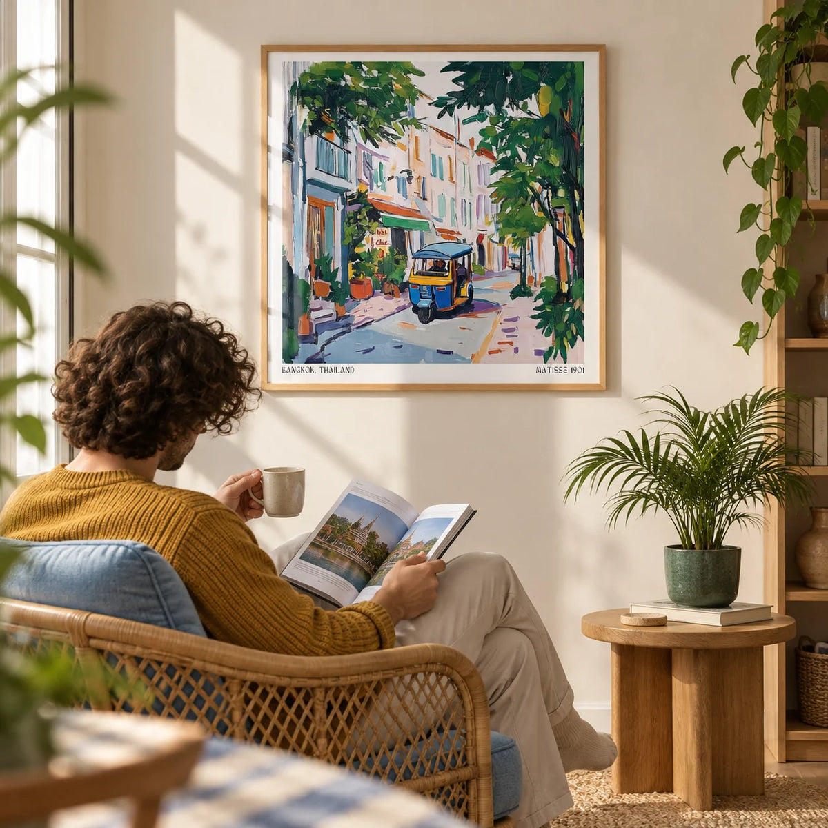 Holiday Prints, framed on the wall of a sunny reading corner with a warm white wall in a living room