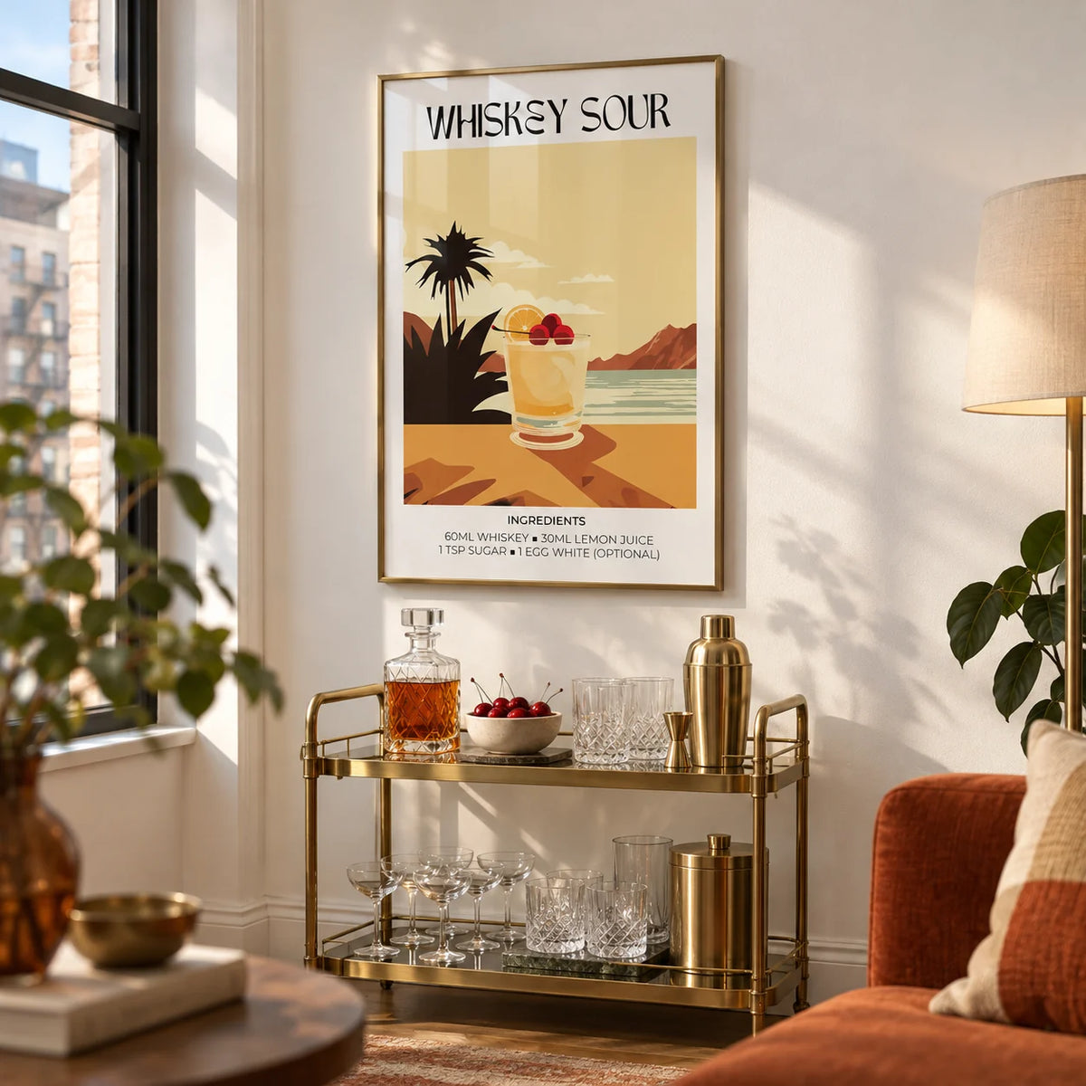 Home Bar Art, framed on the wall of a city flat living room corner with a white wall