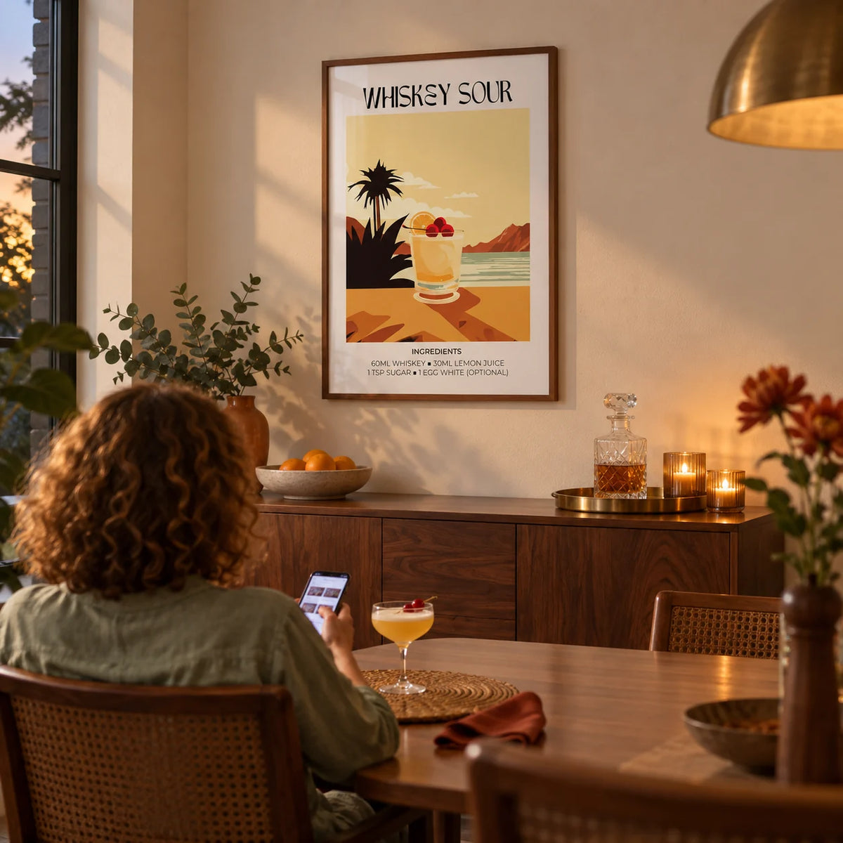 Home Bar Art, framed on the wall of an evening dining room with a soft cream wall