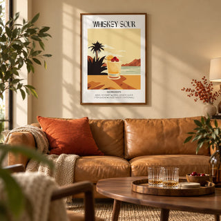 Home Bar Art, framed on the wall of a relaxed lounge with a warm beige wall