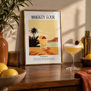 Home Bar Art, a small A4 framed print leaning on a shelf in a living room