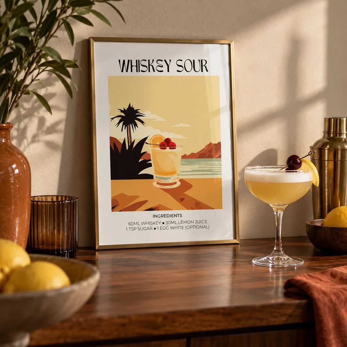 Home Bar Art, a small A4 framed print leaning on a shelf in a living room