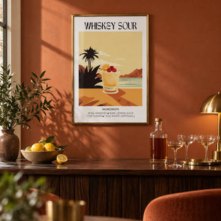Home Bar Art, framed on the wall of a warm home bar with a terracotta painted wall in a living room