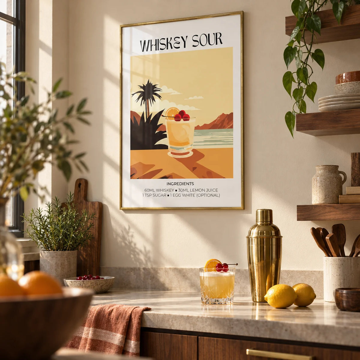 Home Bar Art, framed on the wall of a warm kitchen with a beige wall and walnut open shelves