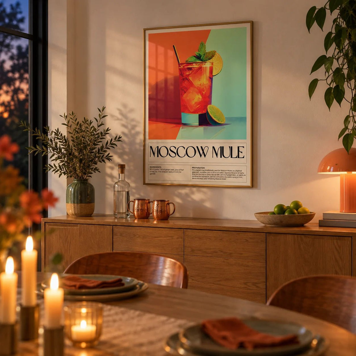 Home Bar Decorations, framed on the wall of a dining room in the evening