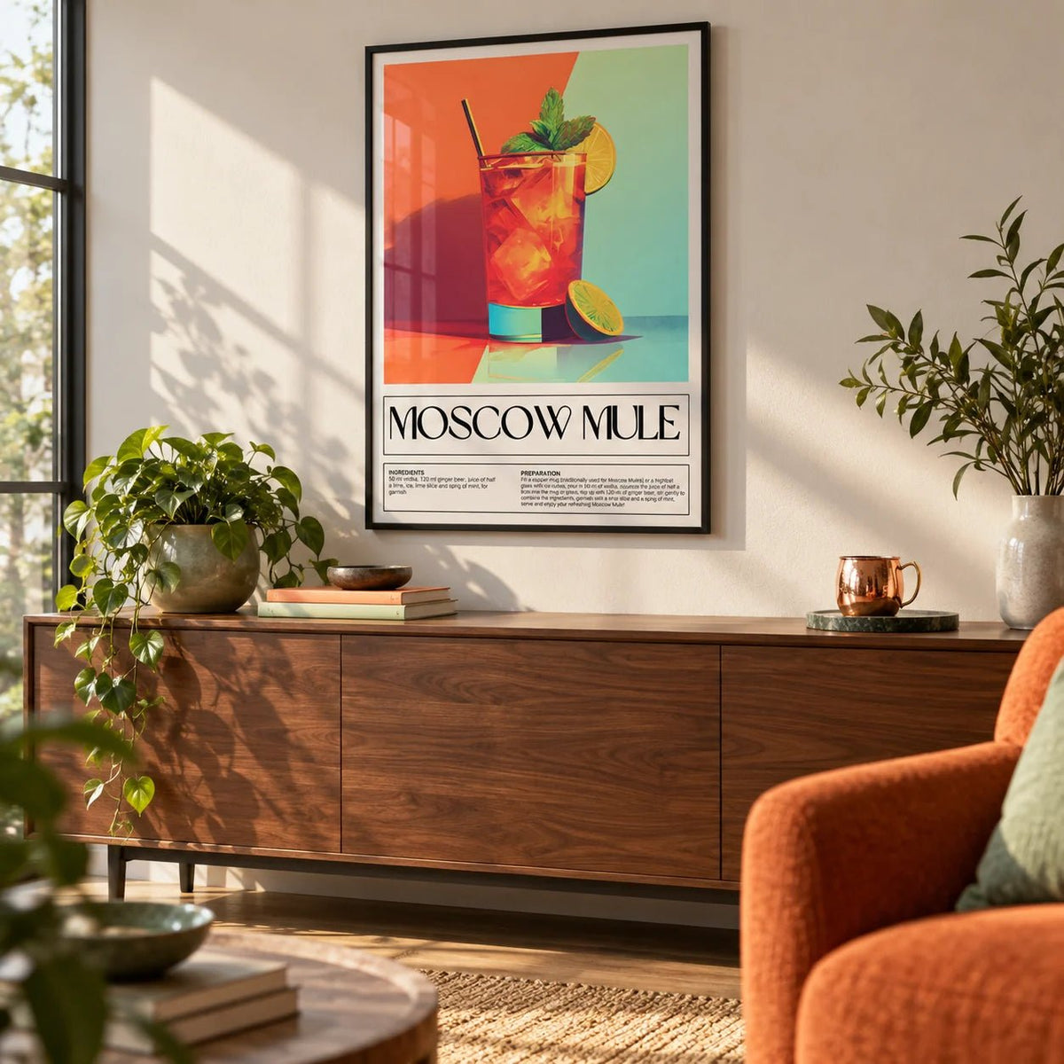 Home Bar Decorations, framed on the wall of a modern living room